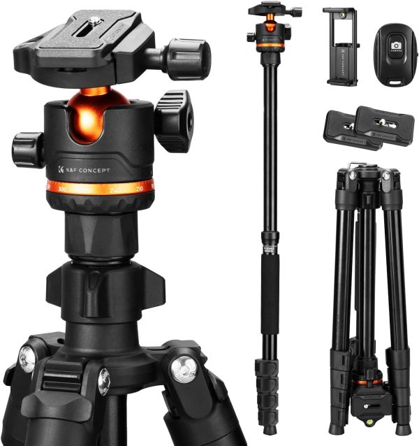 K&F Concept 75.6 inch/192cm Camera Tripod, Heavy Duty DSLR Tripods with 360 Degree Ball Head Load Capacity 8kg/17.6lbs, Detachable Monopod, Cellphone Clip for Smartphone O275A5+BH-36