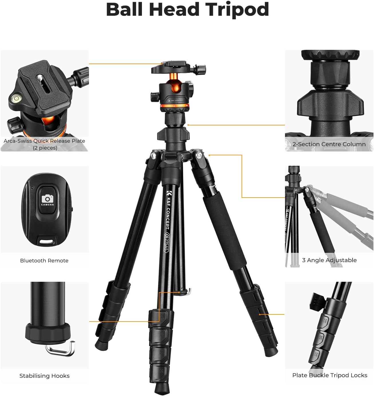 K&F Concept 75.6 inch/192cm Camera Tripod, Heavy Duty DSLR Tripods with 360 Degree Ball Head Load Capacity 8kg/17.6lbs, Detachable Monopod, Cellphone Clip for Smartphone O275A5+BH-36 - Image 2