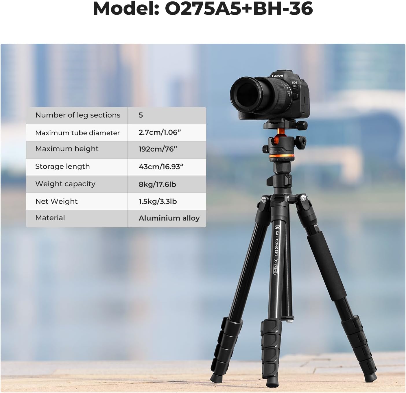 K&F Concept 75.6 inch/192cm Camera Tripod, Heavy Duty DSLR Tripods with 360 Degree Ball Head Load Capacity 8kg/17.6lbs, Detachable Monopod, Cellphone Clip for Smartphone O275A5+BH-36 - Image 3