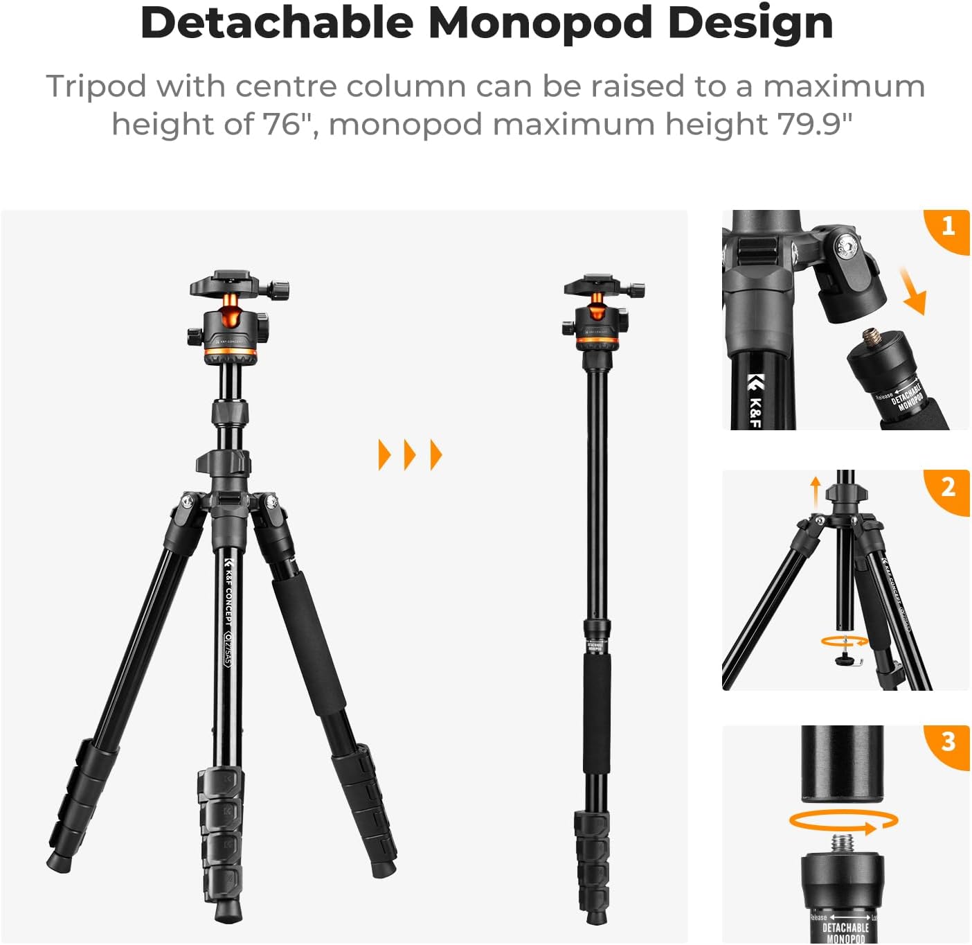 K&F Concept 75.6 inch/192cm Camera Tripod, Heavy Duty DSLR Tripods with 360 Degree Ball Head Load Capacity 8kg/17.6lbs, Detachable Monopod, Cellphone Clip for Smartphone O275A5+BH-36 - Image 4