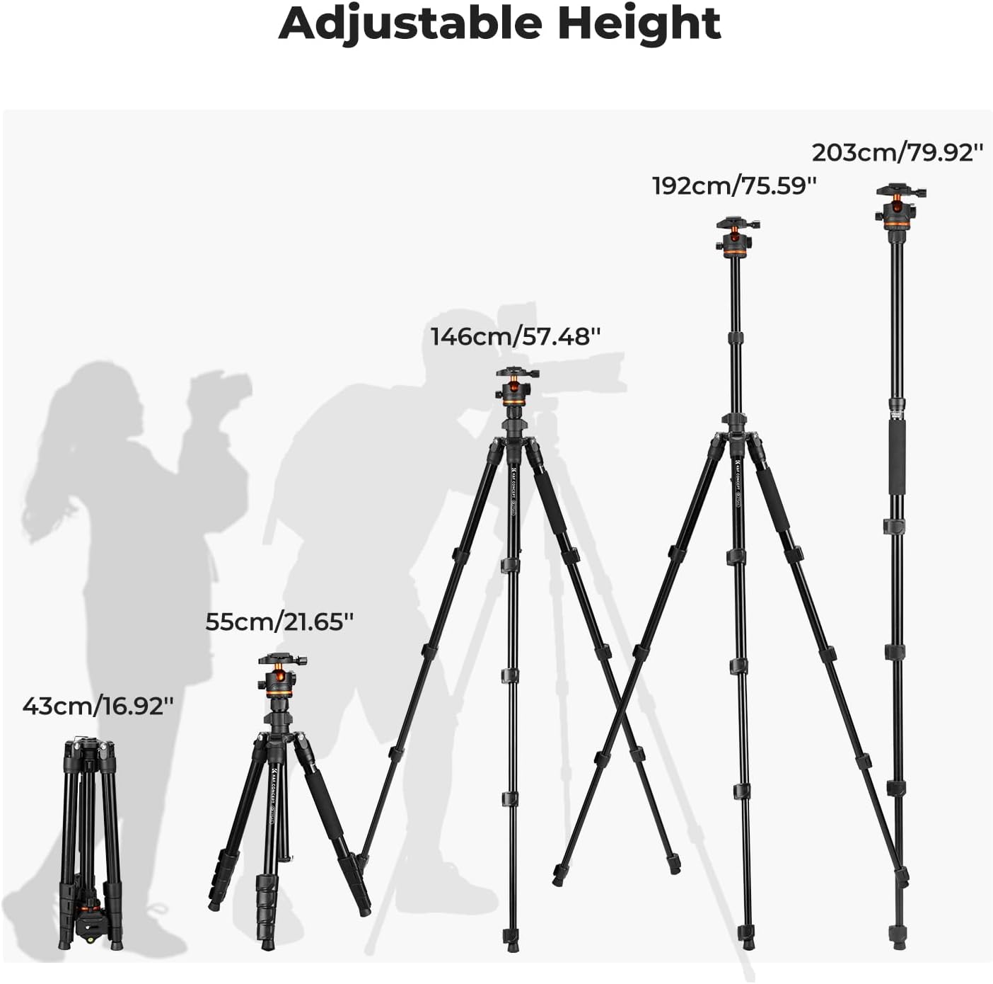 K&F Concept 75.6 inch/192cm Camera Tripod, Heavy Duty DSLR Tripods with 360 Degree Ball Head Load Capacity 8kg/17.6lbs, Detachable Monopod, Cellphone Clip for Smartphone O275A5+BH-36 - Image 6