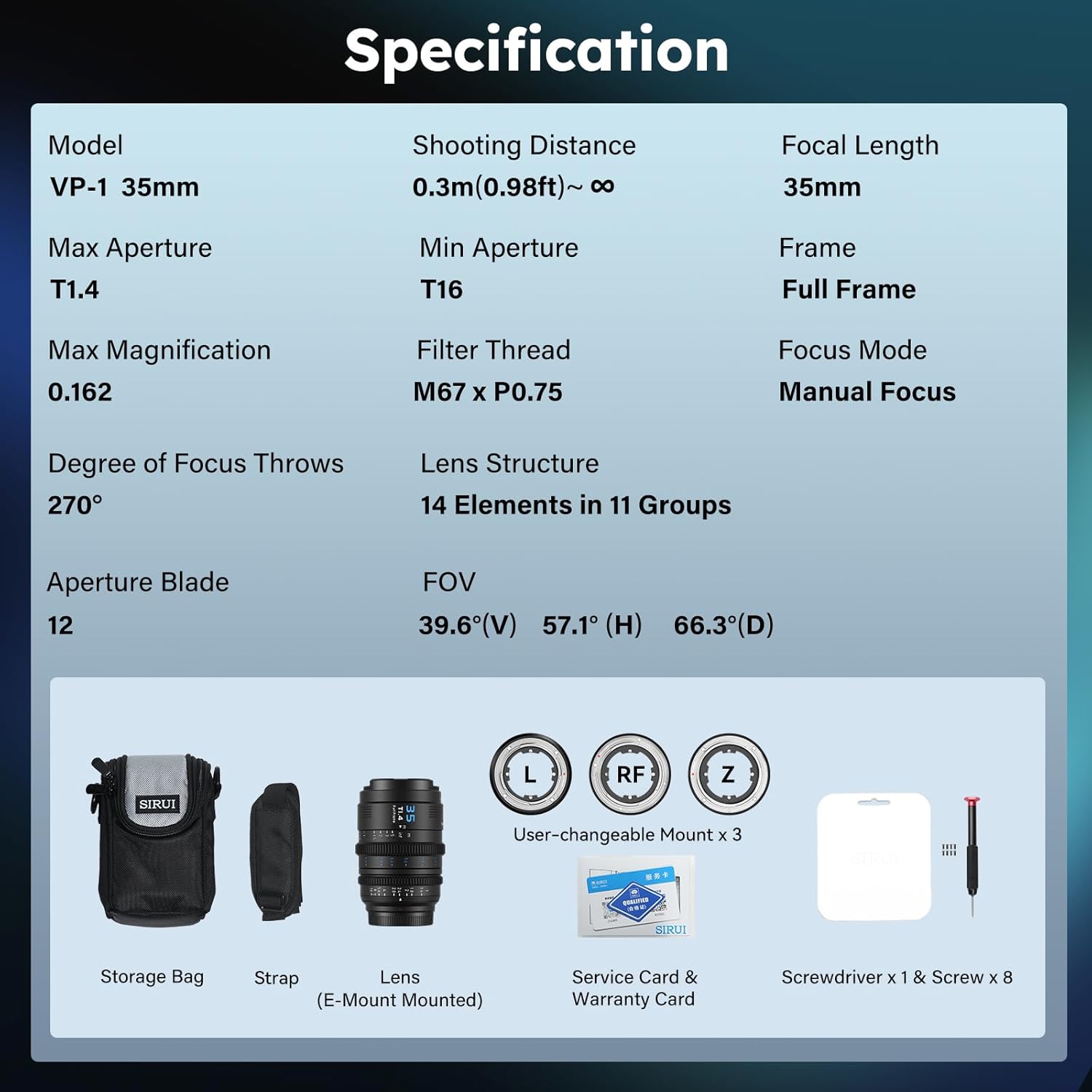 SIRUI VP-1 Vision Prime 1 T1.4 Full Frame Cine Lens, 35mm Manual Focus Cinema Lens with Pre-Installed E Mount, Interchangeable RF/Z/L Mounts (Black) - Image 9