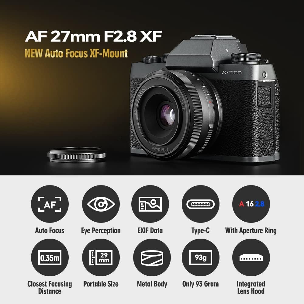 TTartisan 27mm F2.8 Autofocus Lens, Compatible with Fuji X-Mount Cameras XS10 X-A5 X-A7 X-M1 X-M2 X-E4 X-T1 X-T10 X-T2 X-T20 X-T3 X-T4 X-T100 X-T200 X-T30 X-Pro1 X-Pro2 X-Pro3 X-E1 (Black) - Image 2