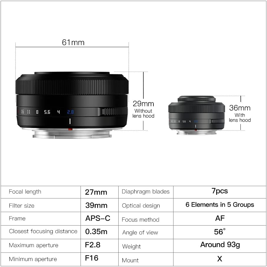 TTartisan 27mm F2.8 Autofocus Lens, Compatible with Fuji X-Mount Cameras XS10 X-A5 X-A7 X-M1 X-M2 X-E4 X-T1 X-T10 X-T2 X-T20 X-T3 X-T4 X-T100 X-T200 X-T30 X-Pro1 X-Pro2 X-Pro3 X-E1 (Black) - Image 6